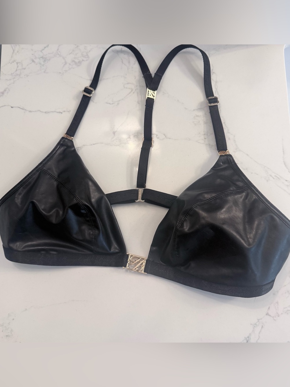 Honey Birdette Emily Nero Black Faux Leather Strappy Bralette